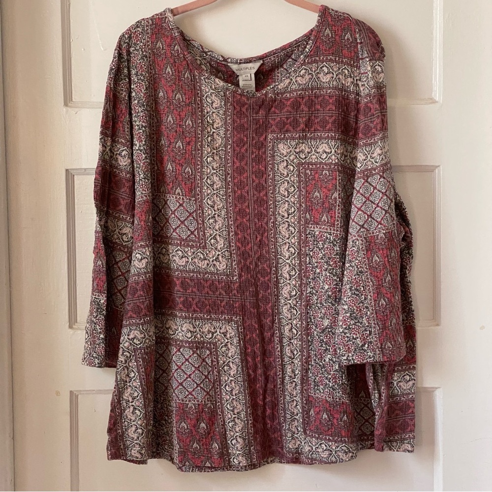 Multiples Crewneck Patchwork Pattern 3/4 Sleeve T… - image 1